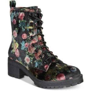Size 7 Madden Girl combat boots in black velvet with multicolored roses print